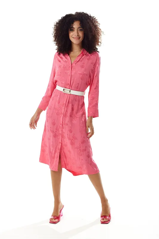 Pink Flamingo Print Midi Shirt Dress with Belt - Liquorish