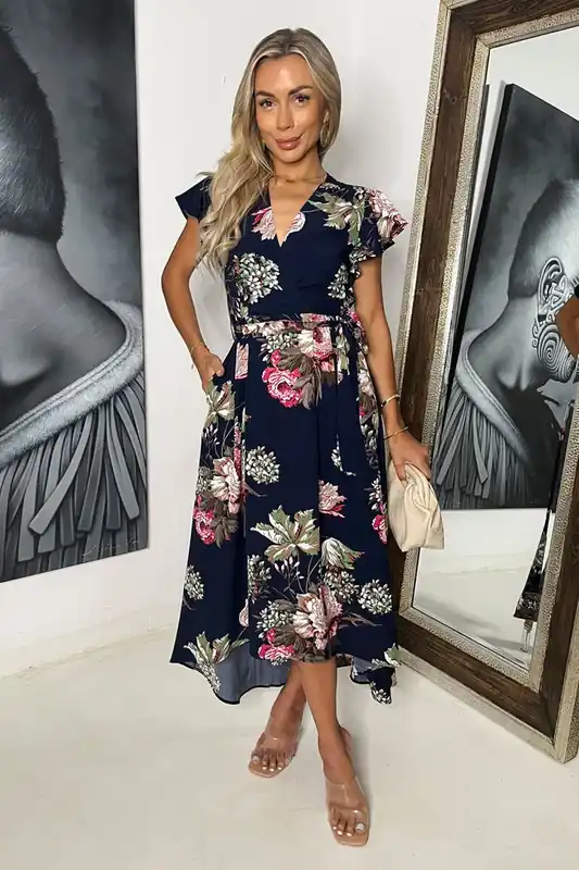Navy Floral Printed Belted Wrap Midi Dress - AX Paris
