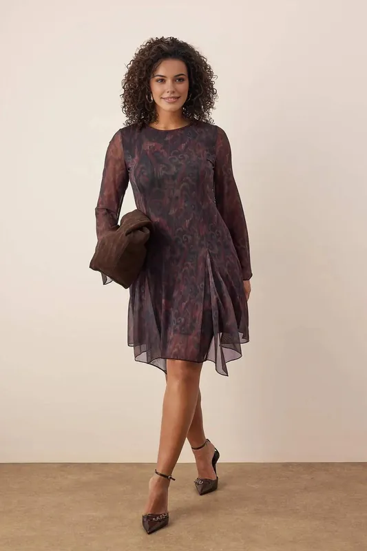 Round Neck Paisley Print Sheer Mini Dress with Pleated Detail - WOVCOR