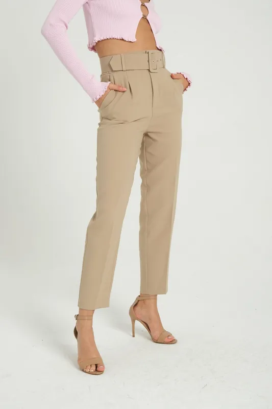 High Waist Tapered Trousers with a Belt Detail - Hiccup