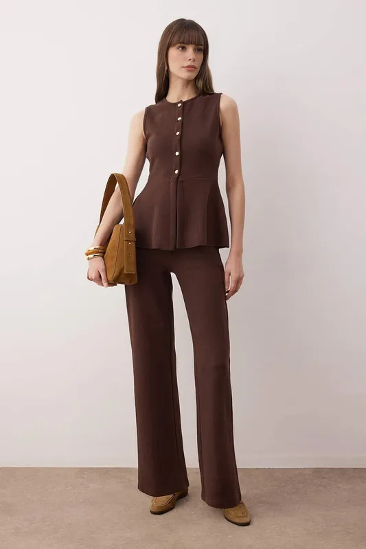Buttoned Peplum Knit Top & Palazzo Trousers 2 Piece Co-Ord Set