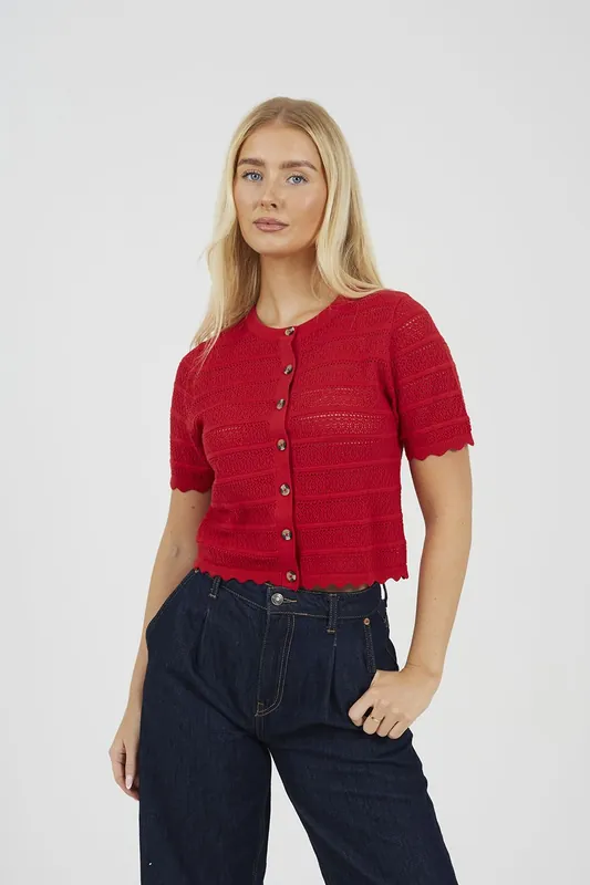 Short Sleeve Stitch Detail Crew Neck Cardigan - Brave Soul