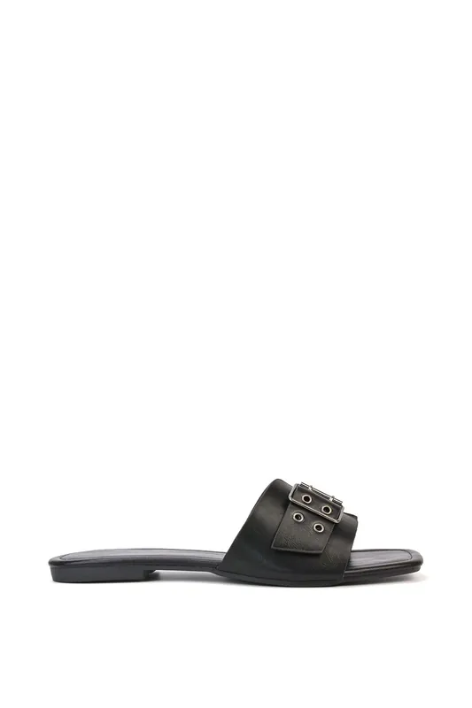 'Inez' Square Toe Slip On Strappy Flat Sandals With Buckle - XY London