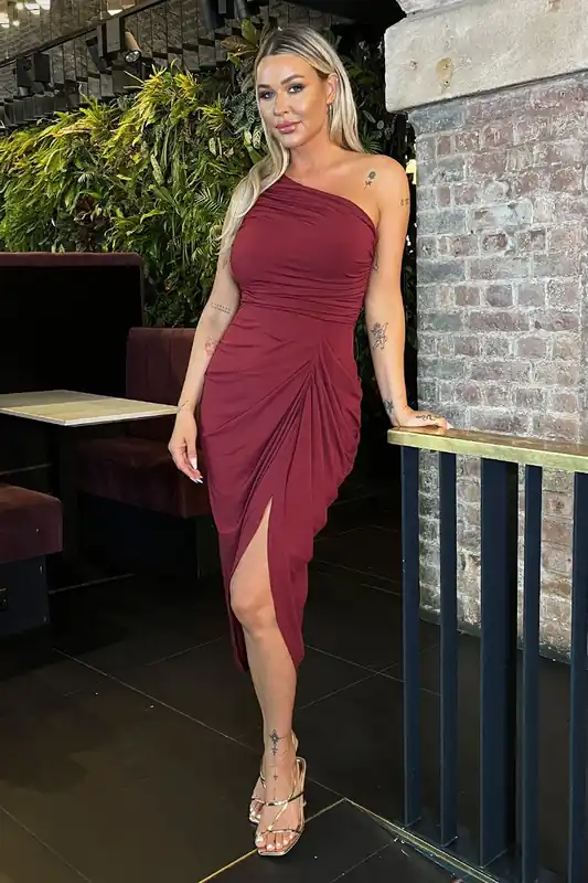 Burgundy One Shoulder Gathered Skirt Midi Dress - AX Paris