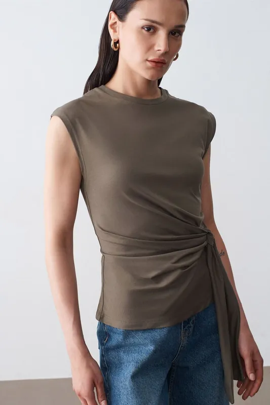 Women's Sleeveless Cotton Crew Neck T-Shirt with Tie Detail
