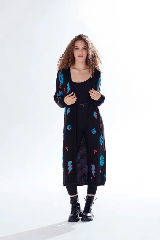 Cosmic Pattern Open Front Cardigan In Black, Turquoise & Orange - Liquorish