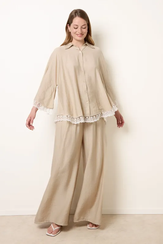 Beige Oversize Crinkle Lace Hem Shirt - Blue Vanilla