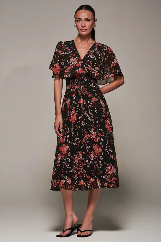 Chiffon Floral Print Pleated Midaxi Dres - Jolie Moi