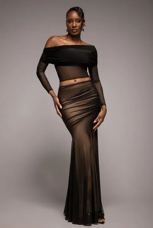 Mesh Gathered Mermaid Maxi Skirt - Goddiva