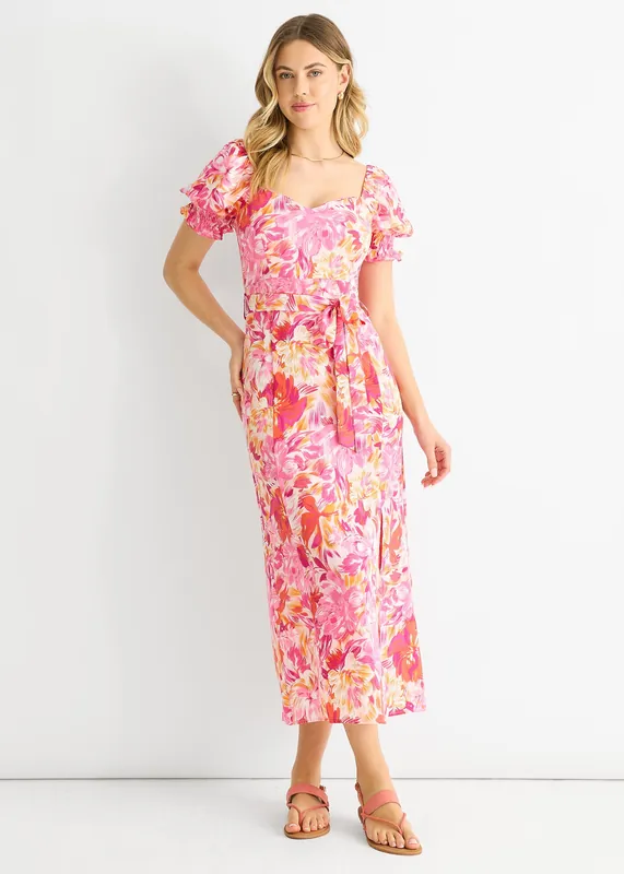 Red Floral Puff Sleeves Belted Midi Dress - Gini London