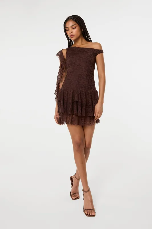 Brown Lace Ruffle Dress - Pink Vanilla