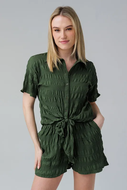 Textured Smocked Tie Front Short Sleeve Shirt - Influence