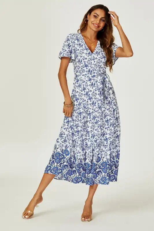 Floral Border Print Hem Tiered Midi Dress In White - FS Collection