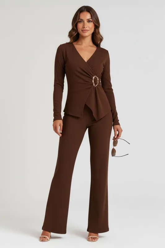 Peplum Wrap Long Sleeve and Wide Leg Trouser Co-ord Set
