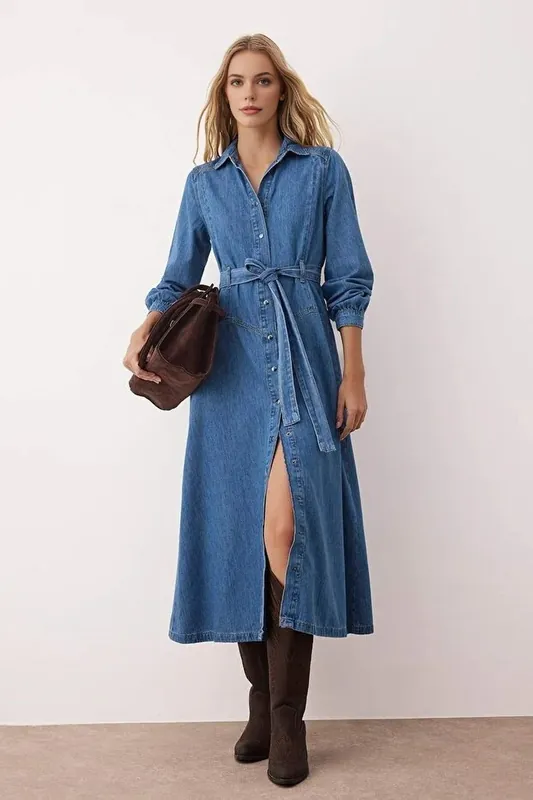 Belted Button-Through Maxi Denim Shirt Dress