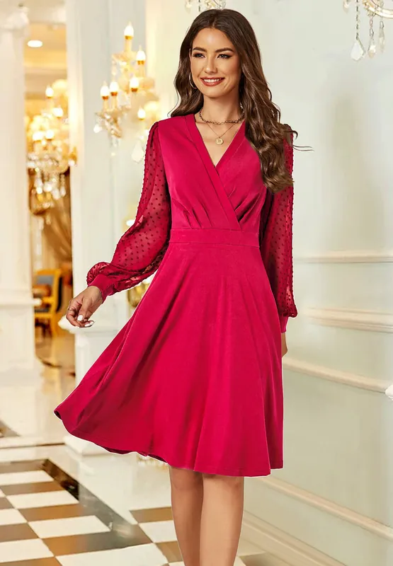 Long Chiffon Sleeve Pleated Midi Dress In Wine - FS Collection