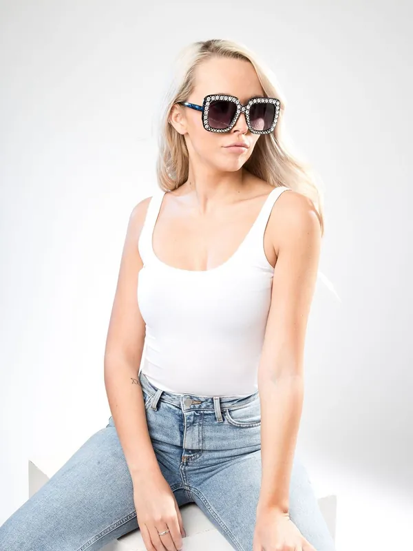 Black Oversized Square Sunglasses With Silver Rhinestone Embellishment - SVNX