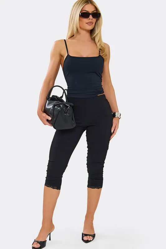 Lace Trim Mid Rise Capri Leggings - EGO