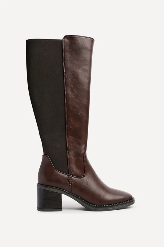 Reason Brown Faux Leather Block Heel High Leg Boot - Linzi
