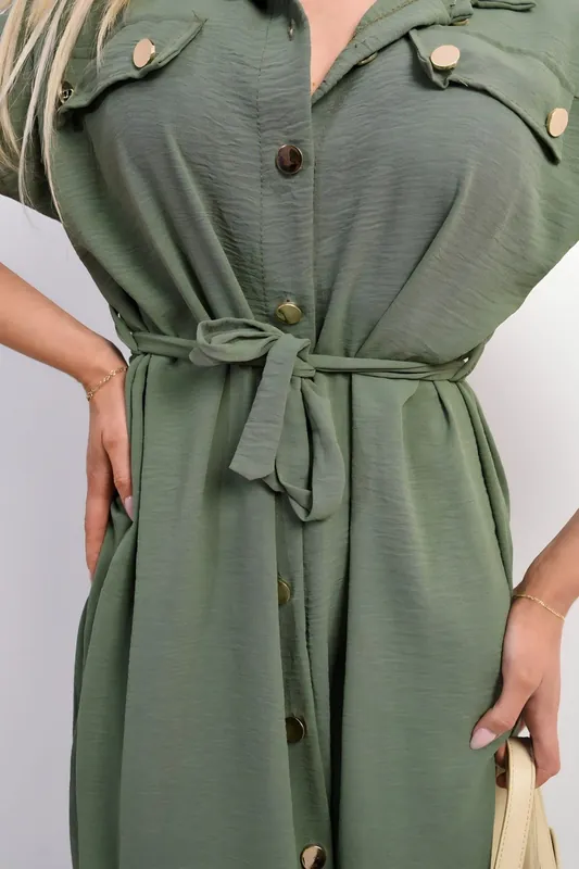 Annie Collared Button Down Short Sleeve Tie Waist Midi Dress - IKRUSH