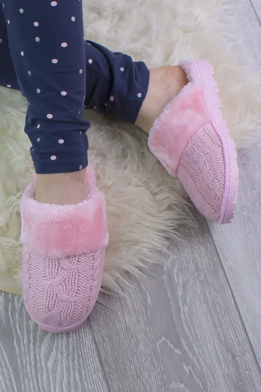 Heel Glitter Cable Knit Faux Fur Lined Slippers - AJVANI