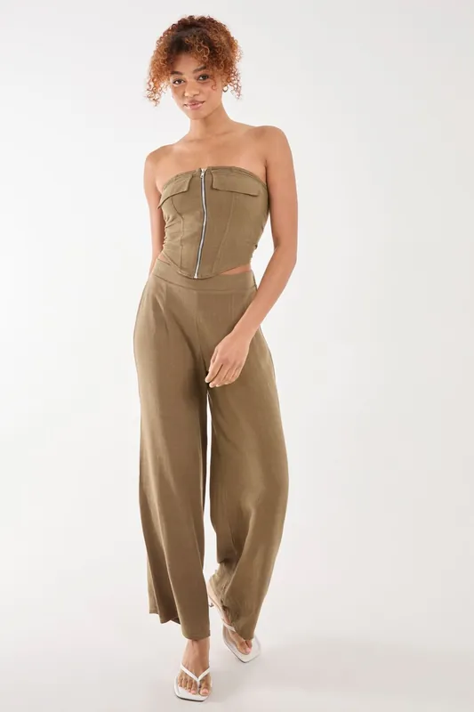 Linen Straight High Waist Trousers - Pink Vanilla