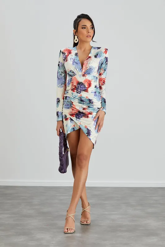 Silk Blue Long Sleeve Mini Dress - Belissh