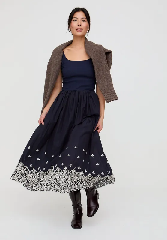 Cora Sleeveless Jersey Bodice Embroidered Midi Dress In Navy - Lily and Lionel