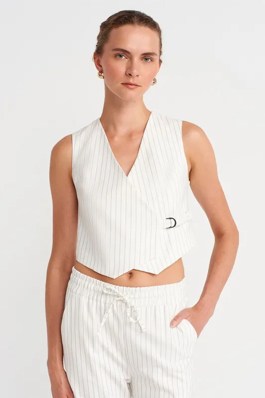 Women’s Striped Crop Waistcoat With Belt - Dilvin