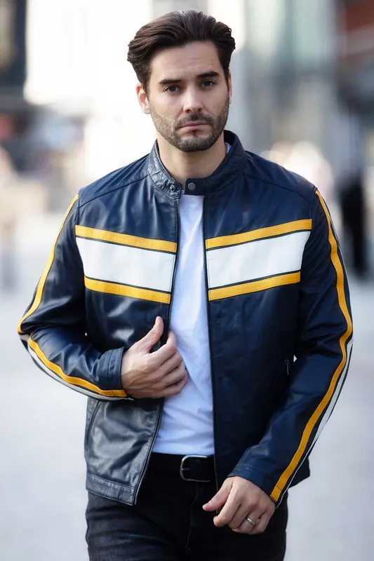 Lambert' Real Leather Racing Stripe Details Biker Jacket - Ashwood Leather