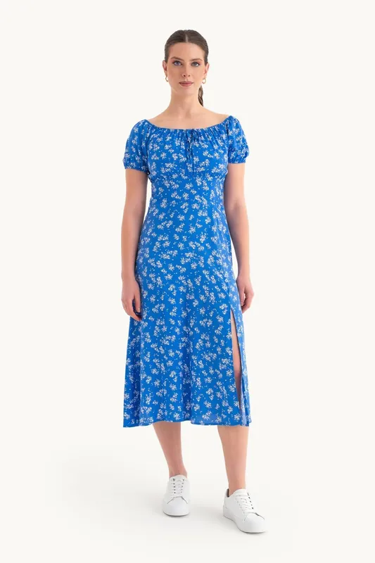 Floral Off Shoulder Puff Sleeves Midi Dress with a Side Slit - Hiccup