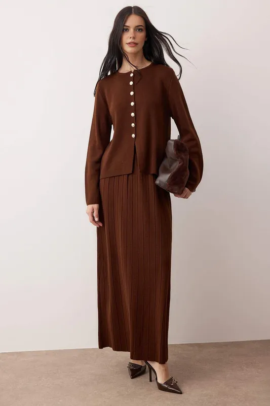 2 Piece Knitted Button Front Cardigan and Ribbed Maxi Skirt Set - WOVCOR