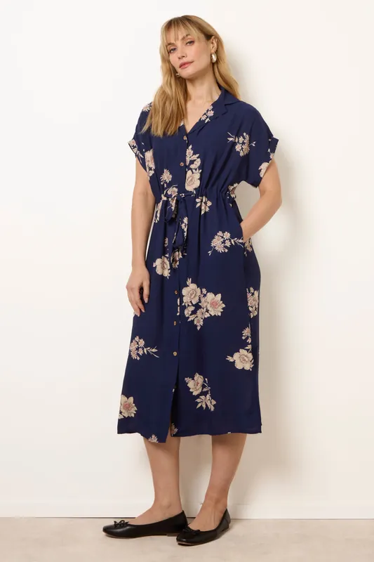 Navy Drawstring Midi Shirt Dress - Blue Vanilla