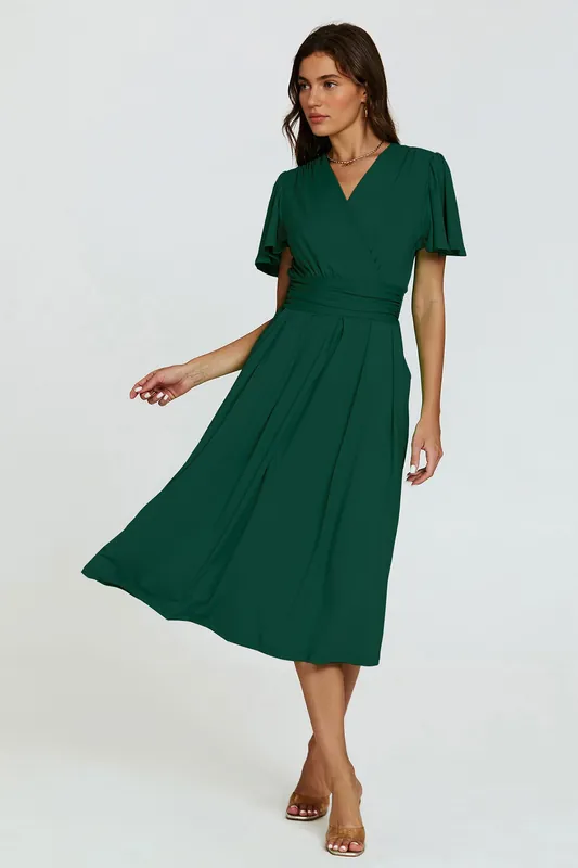 Angel Sleeve Wrap Neck Jersey Midi Dress - FS Collection