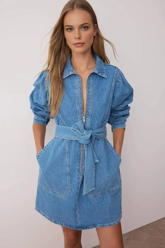 Belted Mini Denim Dress with Zip Front and Pocket Detail - WOVCOR