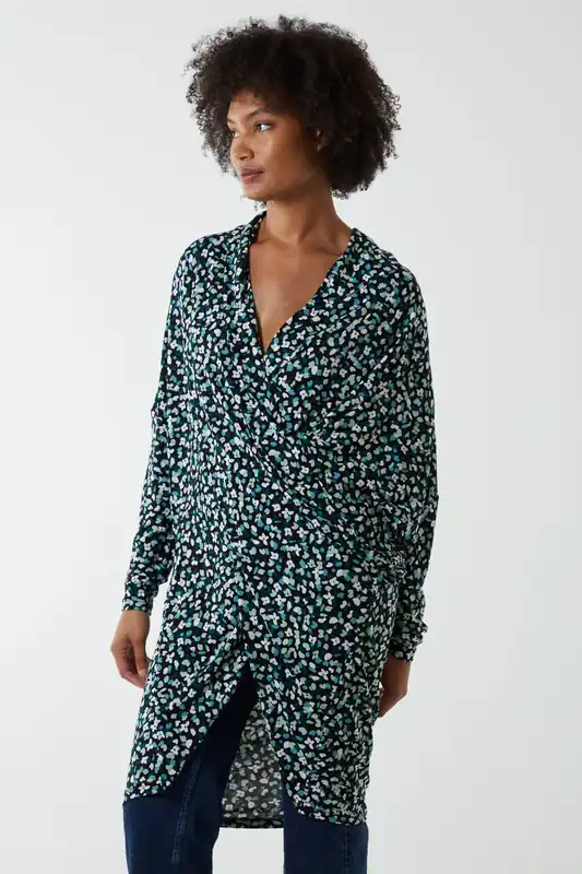 Green Draped Dip Hem Long Top - Blue Vanilla