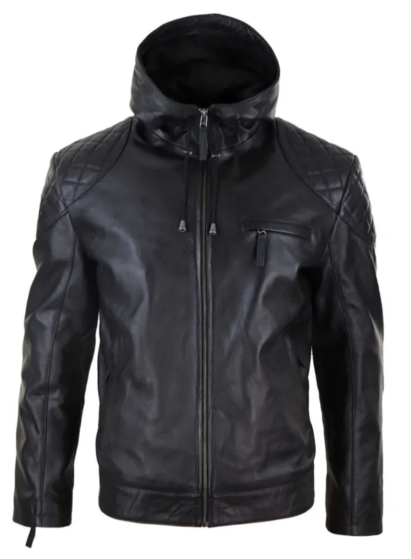 Hood Biker Jacket Leather Casual - TruClothing