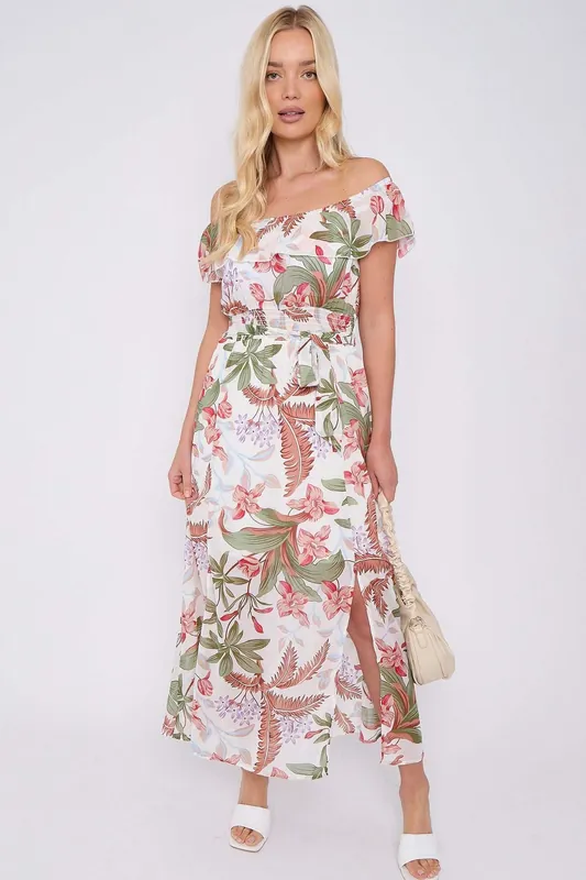 White Palm Leaf Print Chiffon Bardot Maxi Dress - Love Sunshine