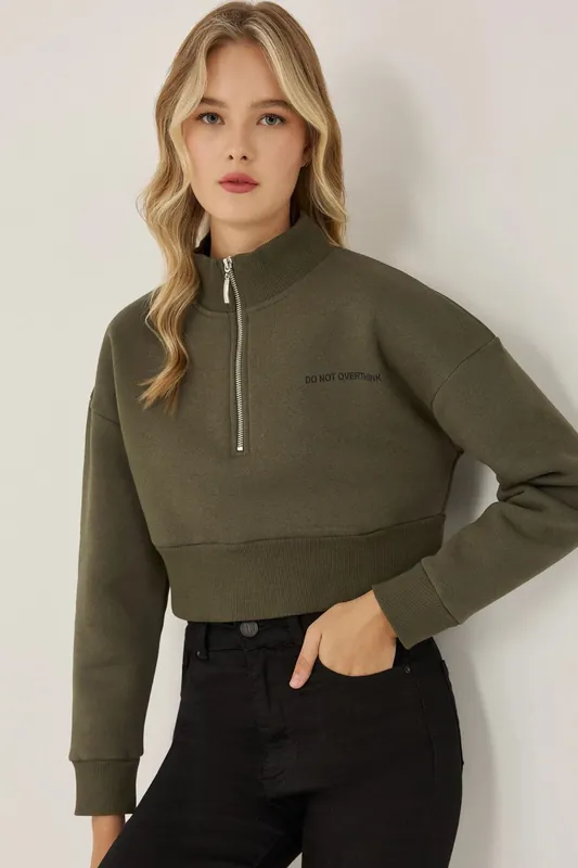 Zipper Collar Crop Slogan Sweatshirt - Hiccup