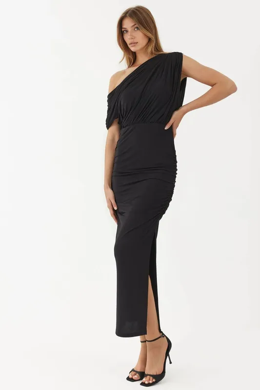 Slit Detailed Asymmetrical Collar Elastic Midi Wrap Dress - Hiccup