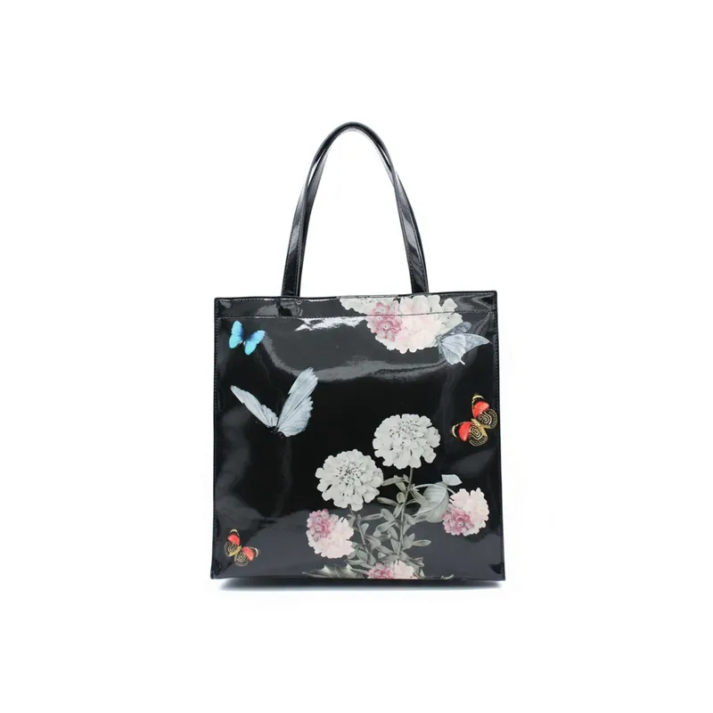 Glossy Floral Butterfly Patent PU Leather Tote Shoulder Bag - Kitise