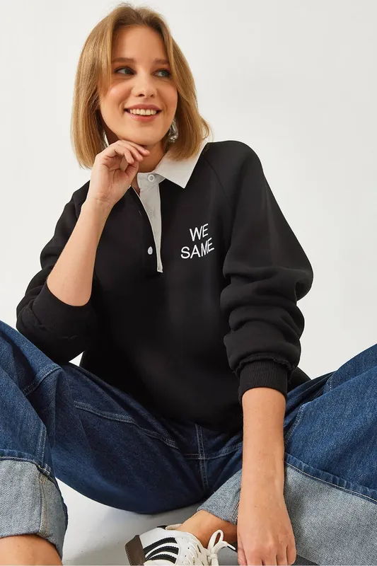 Embroidered Polo Collar Long Sleeve Sweatshirt - Bianco Lucci
