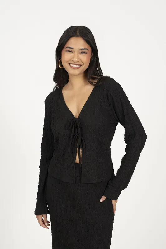 Textured Long Sleeve Tie Front Top - Brave Soul