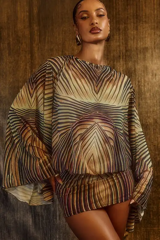 Blouson Style Long Sleeve Abstract Print Mini Dress - EGO
