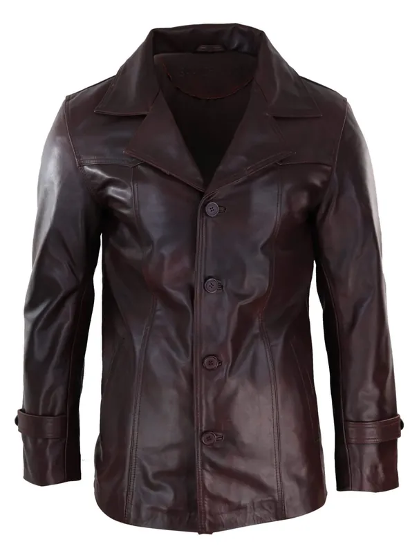 Wine Leather Coat With Buttons - TruClothing