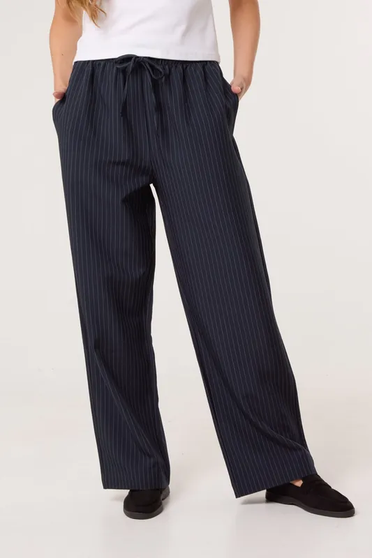 Navy Elasticated Waist Pinstripe Trousers - Blue Vanilla