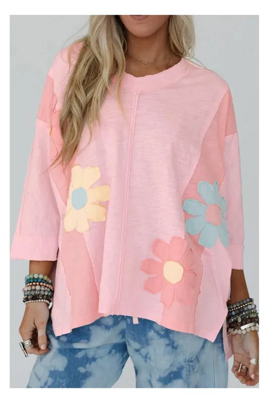 Pink Flower Patched Exposed Seam Bracelet Sleeve Oversized T Shirt - Everyday The Label