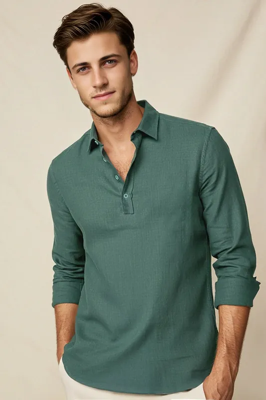 Regular Fit Long Sleeve Half Placket Shirt - WOVCOR