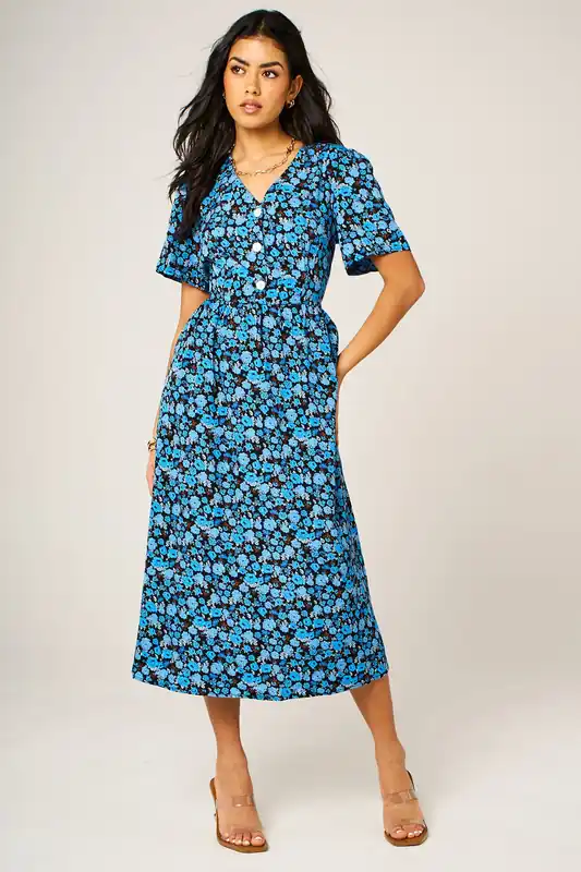 Floral Print Button Detail Shirred Waist Midi Dress - FS Collection