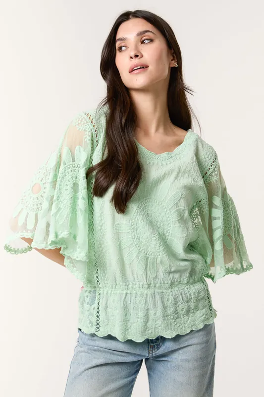Pale Green Sun Flower Lace Sleeve Blouse - Blue Vanilla
